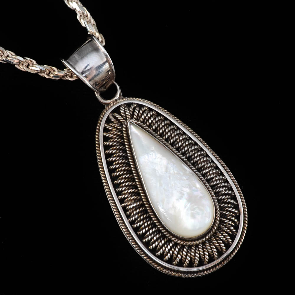 Indonesian Sterling Silver and Mother of Pearl Dangle Pendant with Sterling Chain