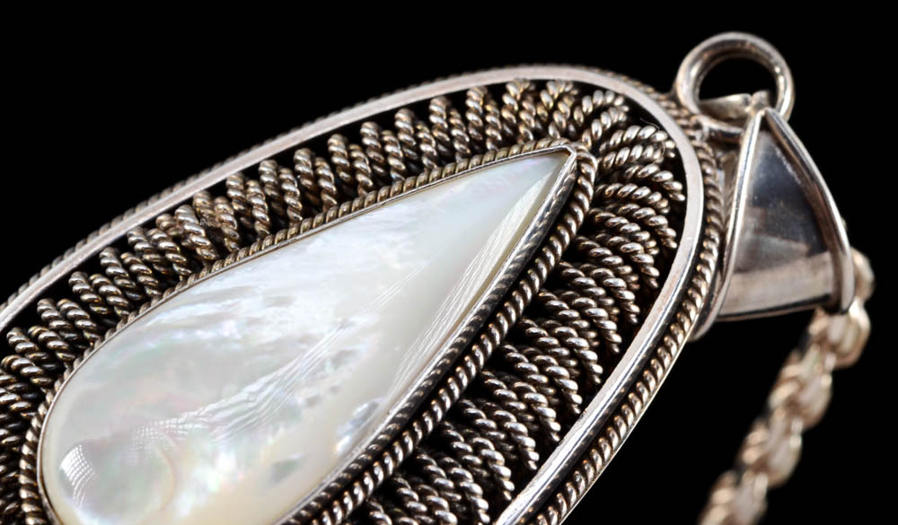 Indonesian Sterling Silver and Mother of Pearl Dangle Pendant with Sterling Chain