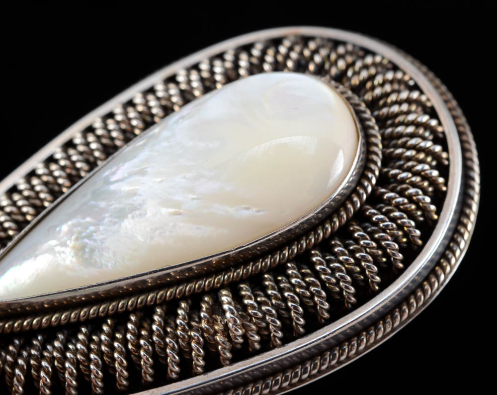 Indonesian Sterling Silver and Mother of Pearl Dangle Pendant with Sterling Chain