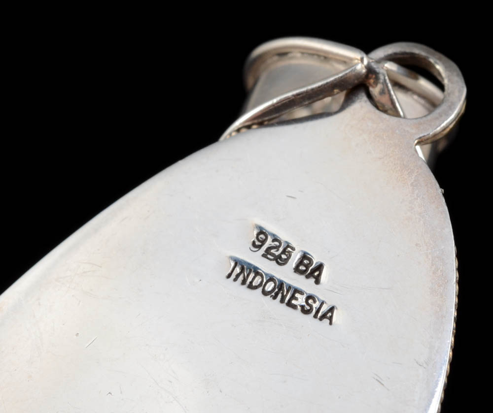 Indonesian Sterling Silver and Mother of Pearl Dangle Pendant with Sterling Chain