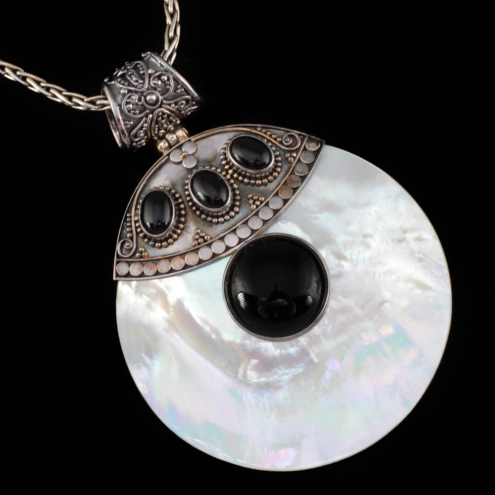 Merav Indonesian Sterling Silver Black Onyx and Mother of Pearl Shell Dangle Pendant Necklace