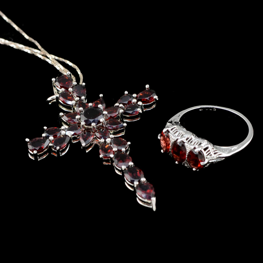 Sterling Silver and Garnet Cross Pendant Necklace and Ring