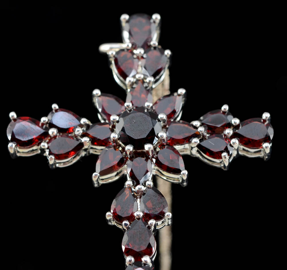 Sterling Silver and Garnet Cross Pendant Necklace and Ring