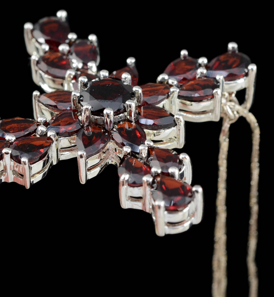 Sterling Silver and Garnet Cross Pendant Necklace and Ring
