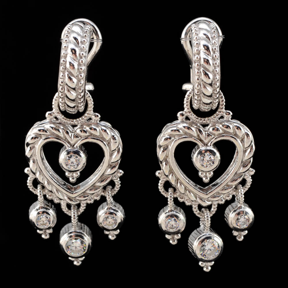 Judith Ripka Sterling Silver and Cubic Zirconium Pierced Hoop Earrings with Interchangeable Heart Shape Dangles