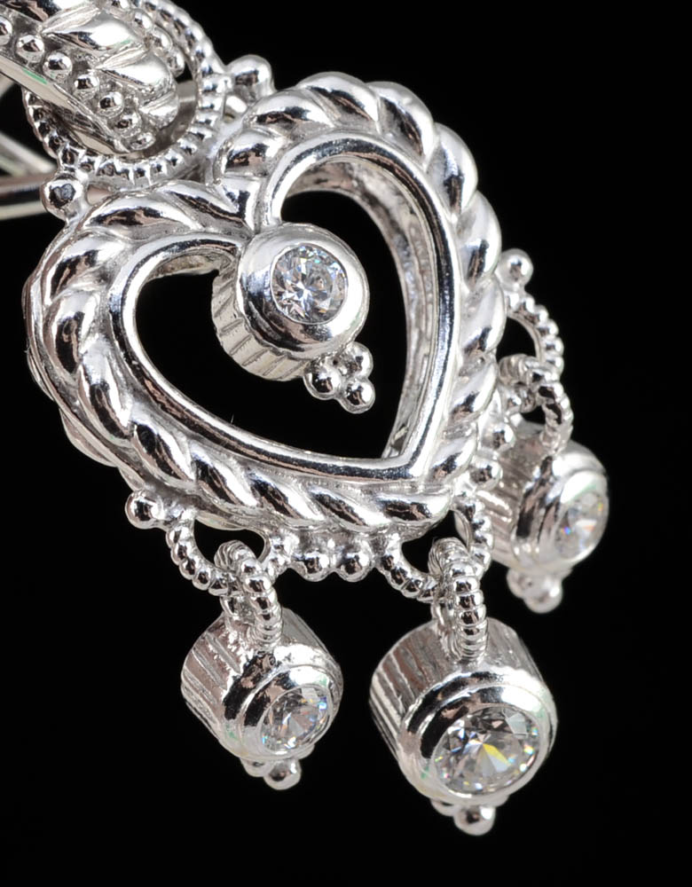 Judith Ripka Sterling Silver and Cubic Zirconium Pierced Hoop Earrings with Interchangeable Heart Shape Dangles