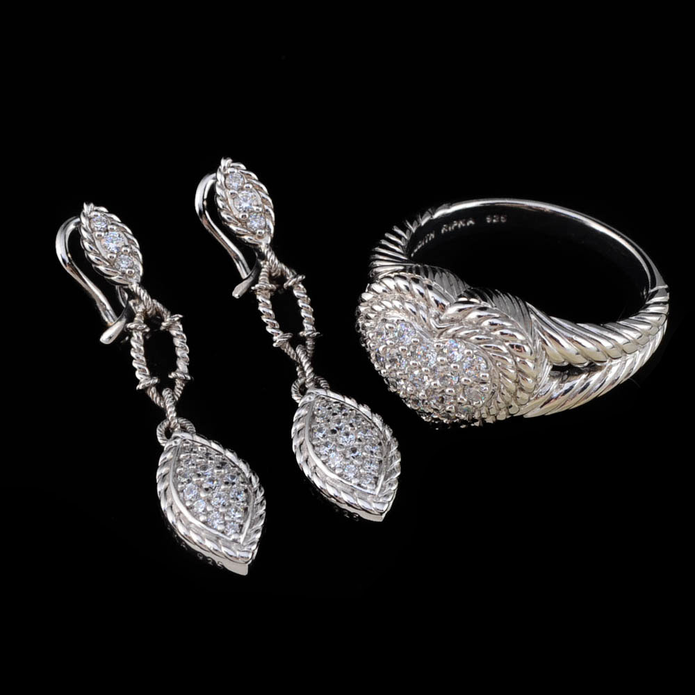 Pair of Judith Ripka Sterling Silver and Cubic Zirconium Pierced Dangle Earrings and Heart Shape Ring