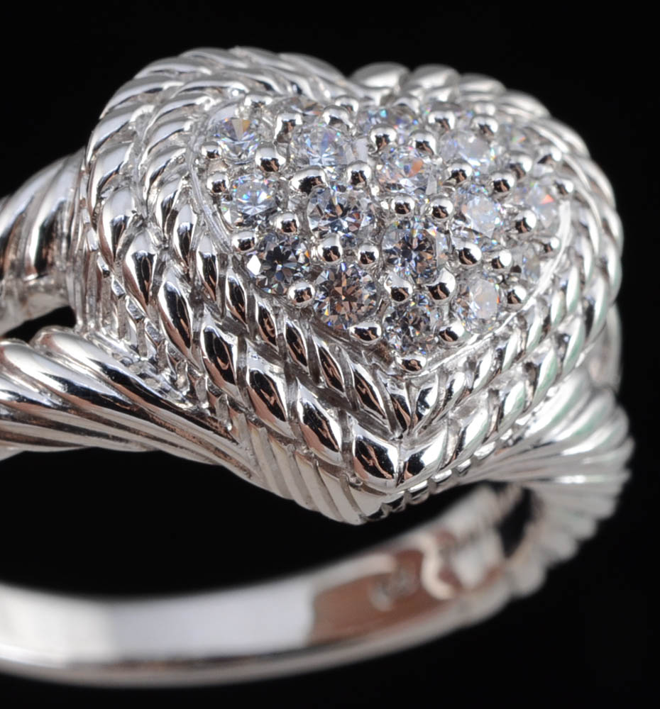 Pair of Judith Ripka Sterling Silver and Cubic Zirconium Pierced Dangle Earrings and Heart Shape Ring