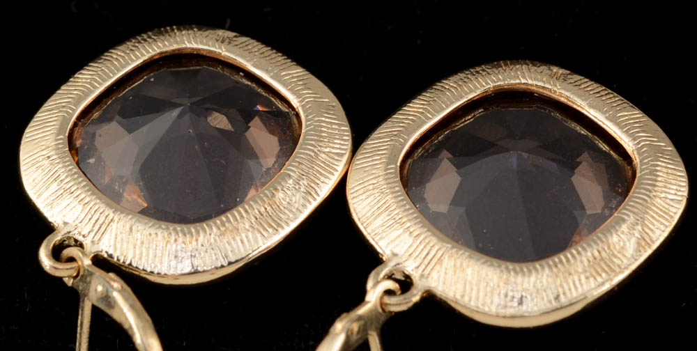 Goldtone Dangle Earrings With Light Pink Faceted Stones