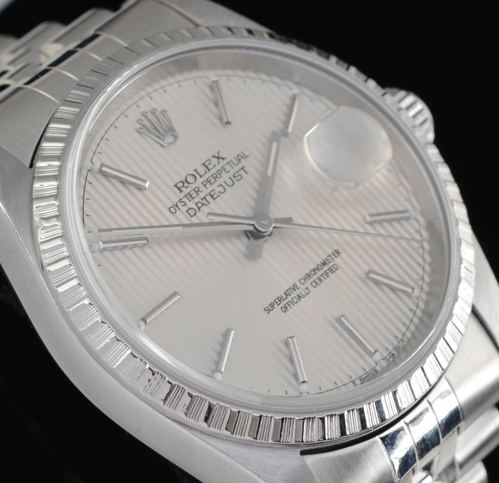 Men's Rolex Datejust Steel 16220 Silver Tapestry Dial Automatic