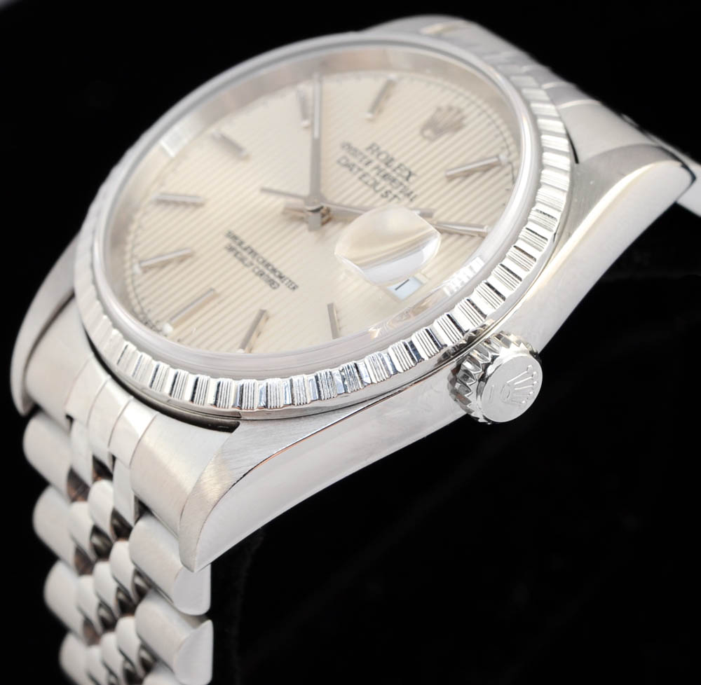 Men's Rolex Datejust Steel 16220 Silver Tapestry Dial Automatic