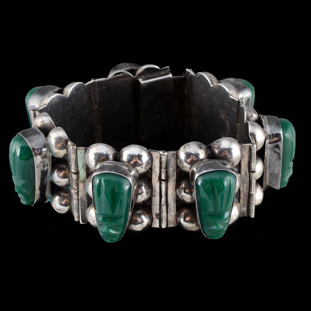 Vintage Mexican Silver and Carved Green Onyx Hinge Bracelet