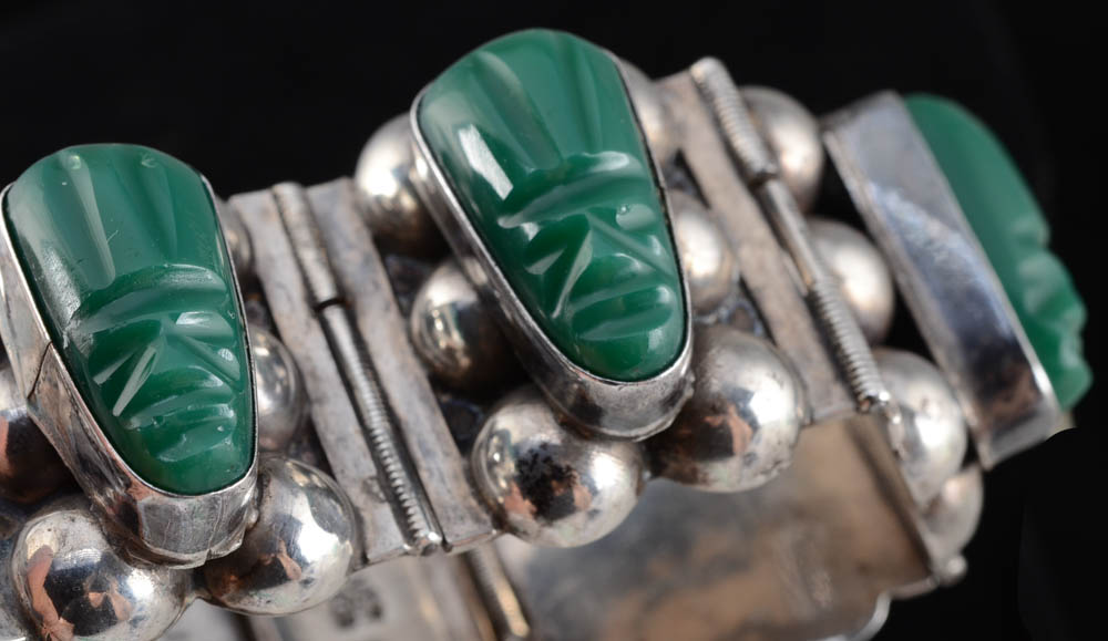Vintage Mexican Silver and Carved Green Onyx Hinge Bracelet