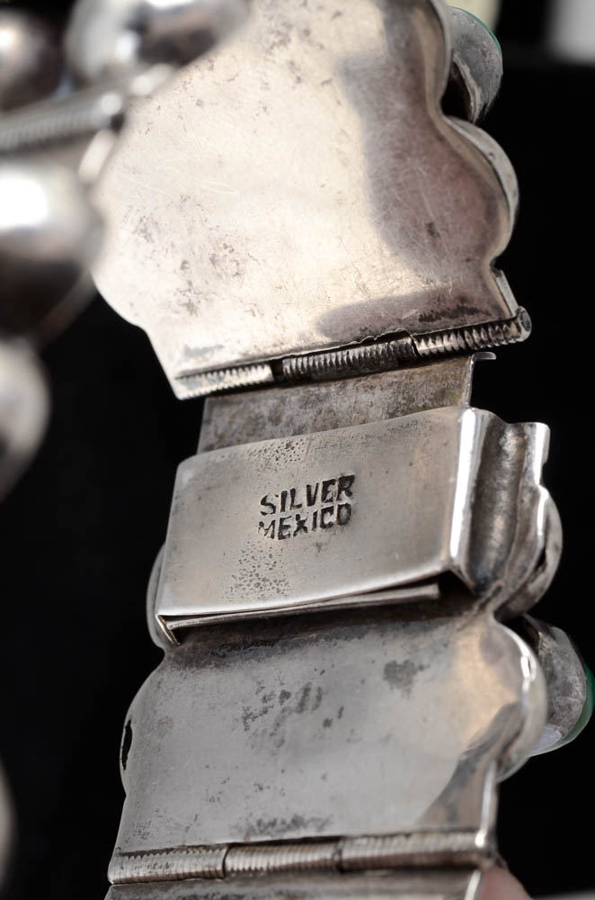 Vintage Mexican Silver and Carved Green Onyx Hinge Bracelet