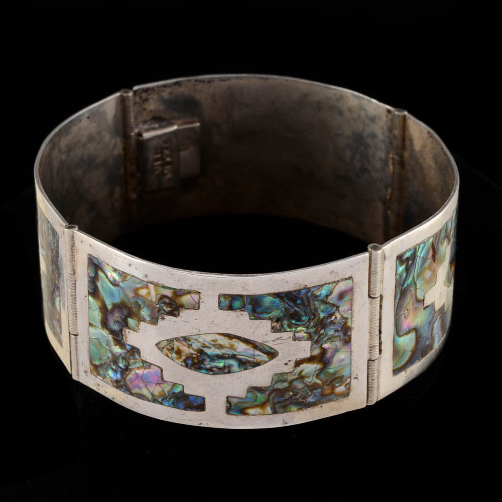 Mexican Sterling Silver and Abalone Inlaid Hinge Bracelet