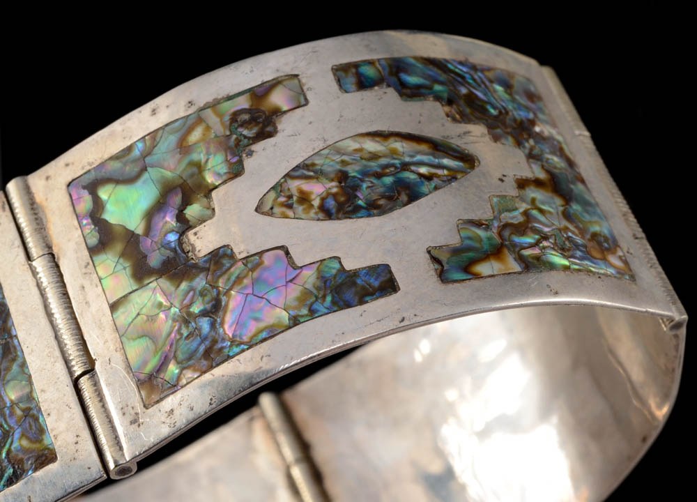 Mexican Sterling Silver and Abalone Inlaid Hinge Bracelet