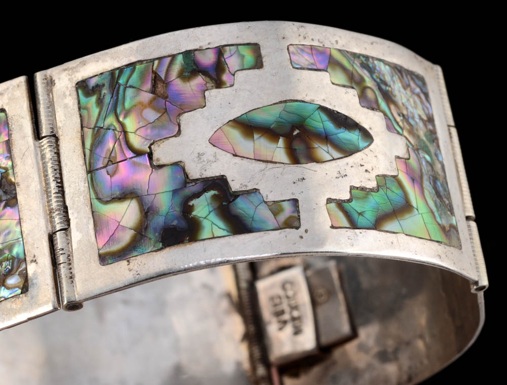 Mexican Sterling Silver and Abalone Inlaid Hinge Bracelet