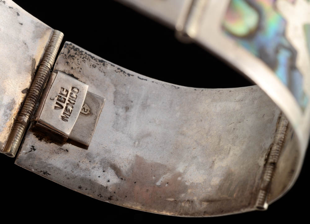 Mexican Sterling Silver and Abalone Inlaid Hinge Bracelet