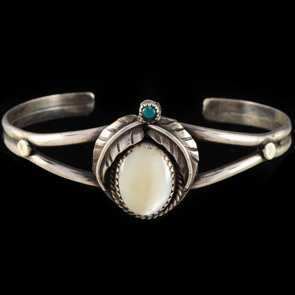 Vintage H. Wood Signed Native American Navajo Sterling Silver and Mussel Shell Split Cuff Bracelet