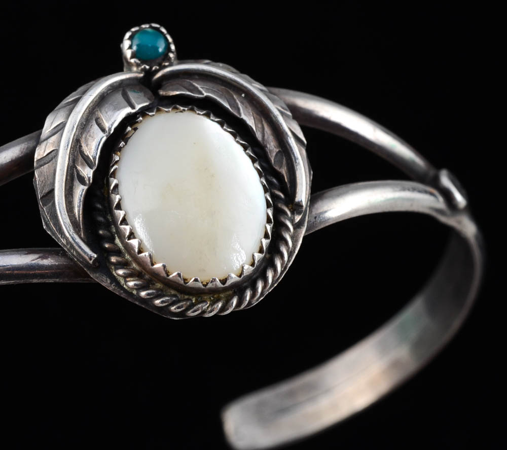 Vintage H. Wood Signed Native American Navajo Sterling Silver and Mussel Shell Split Cuff Bracelet