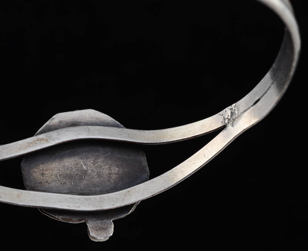 Vintage H. Wood Signed Native American Navajo Sterling Silver and Mussel Shell Split Cuff Bracelet