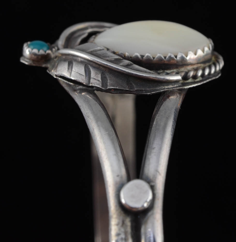 Vintage H. Wood Signed Native American Navajo Sterling Silver and Mussel Shell Split Cuff Bracelet