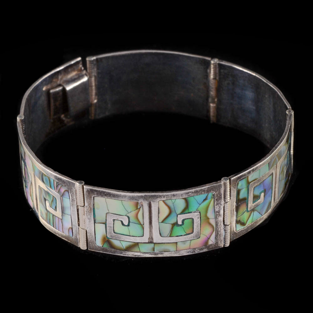 Vintage Los Ballestros Signed Mexican Sterling Silver and Abalone Inlaid Hinge Bracelet