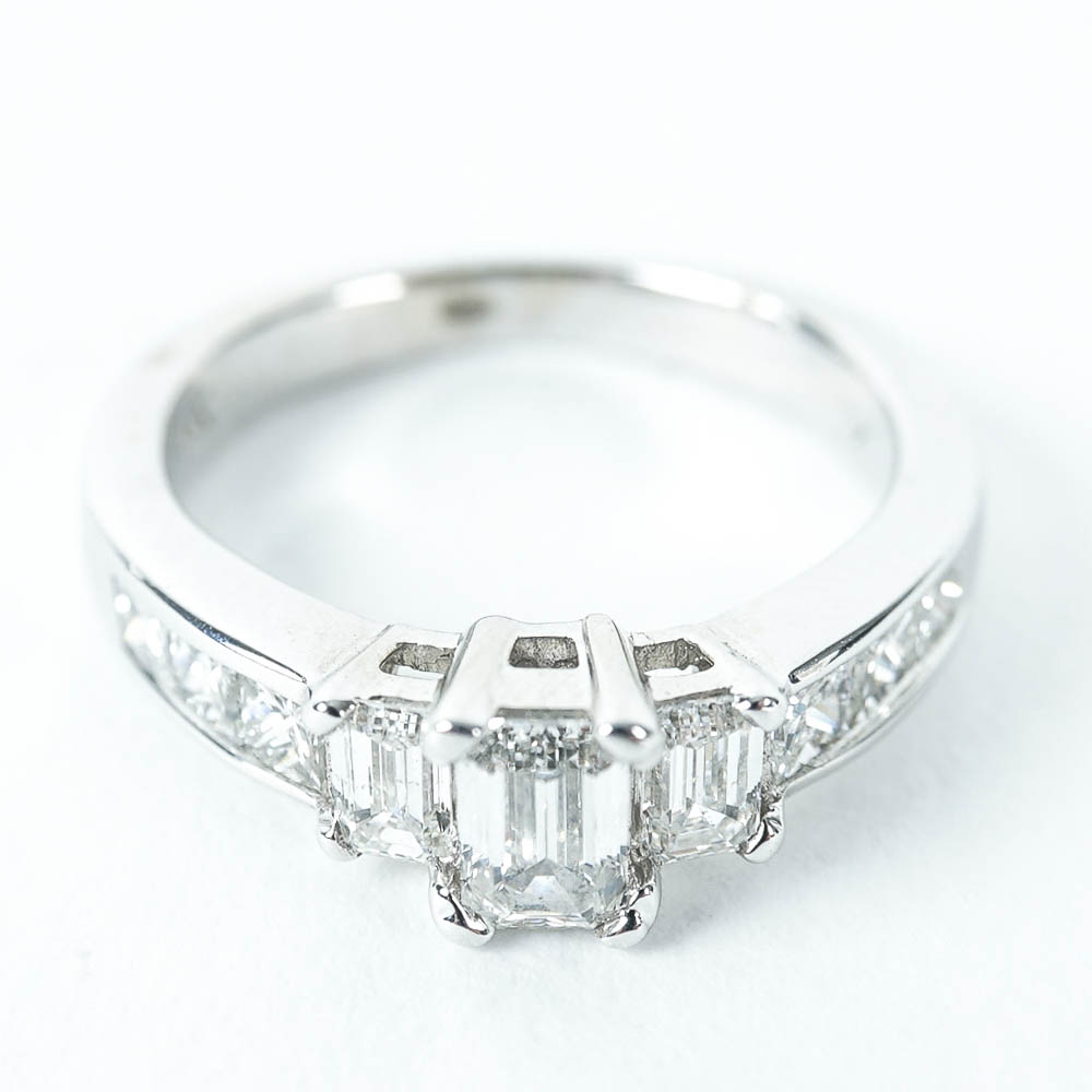 14K White Gold Emerald Cut with Princess Cut Diamond Ring