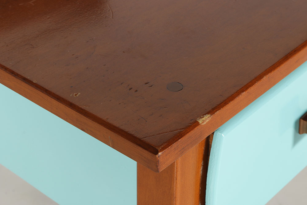 Vintage Walnut Table with Painted Turquoise Accents