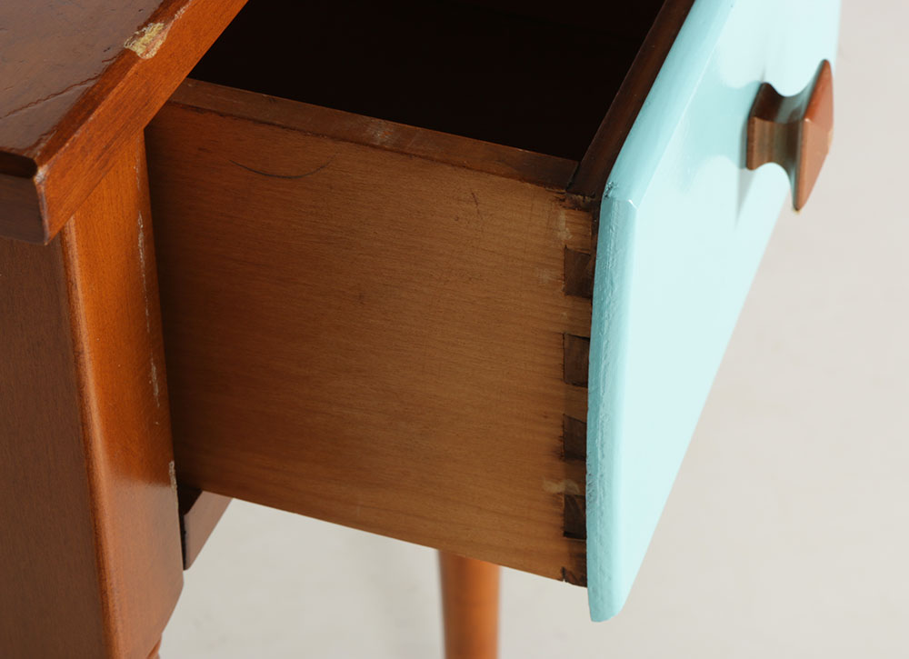 Vintage Walnut Table with Painted Turquoise Accents