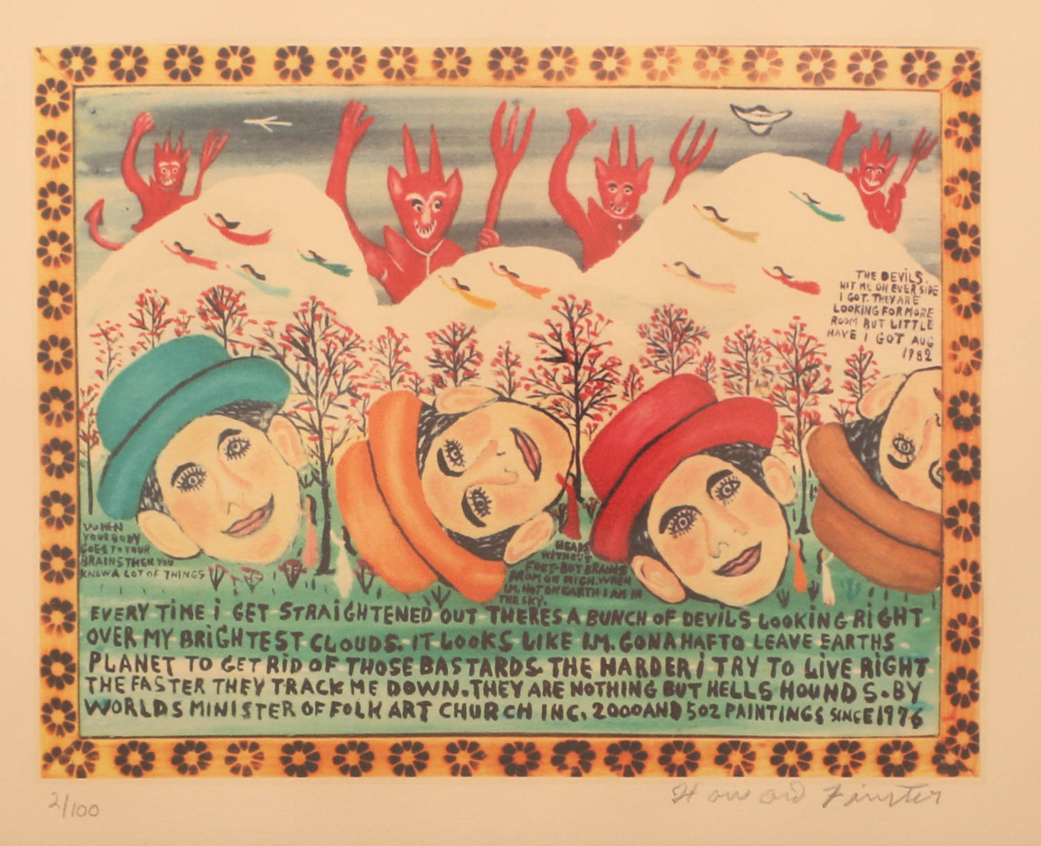 Reverend Howard Finster "Bunch of Devil's Looking Right Over My Brightest Clouds" Signed Limited Edition Lithograph