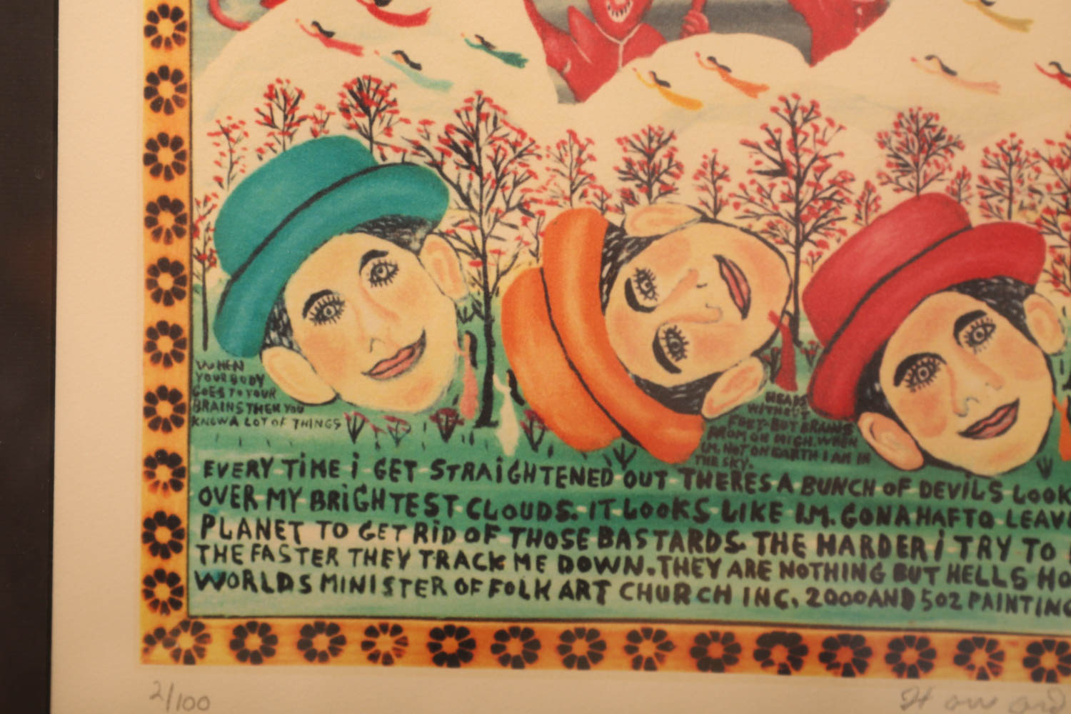 Reverend Howard Finster "Bunch of Devil's Looking Right Over My Brightest Clouds" Signed Limited Edition Lithograph