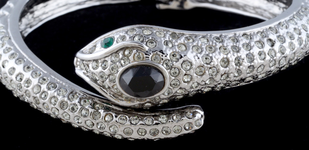 Rhinestone Snake Hinged Cuff Bracelet