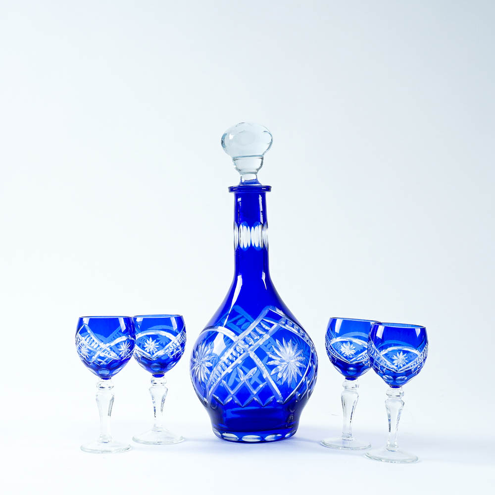 Vintage Cobalt Blue Cut-to-Clear Decanter and Stemware