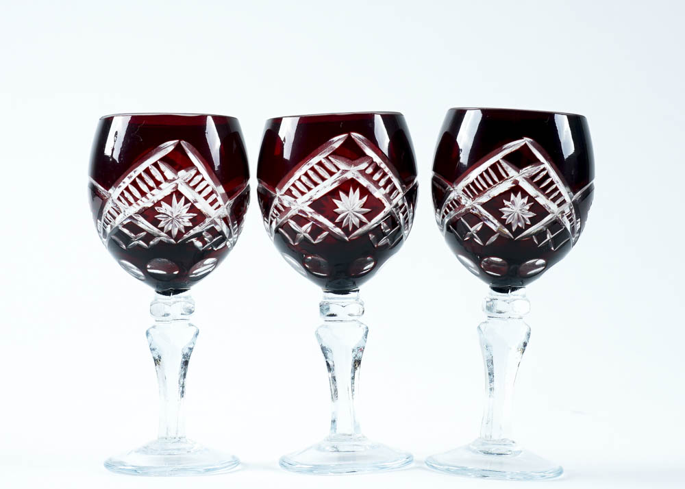 Vintage Ruby Red Cut-to-Clear Glas Decanter and Stemware