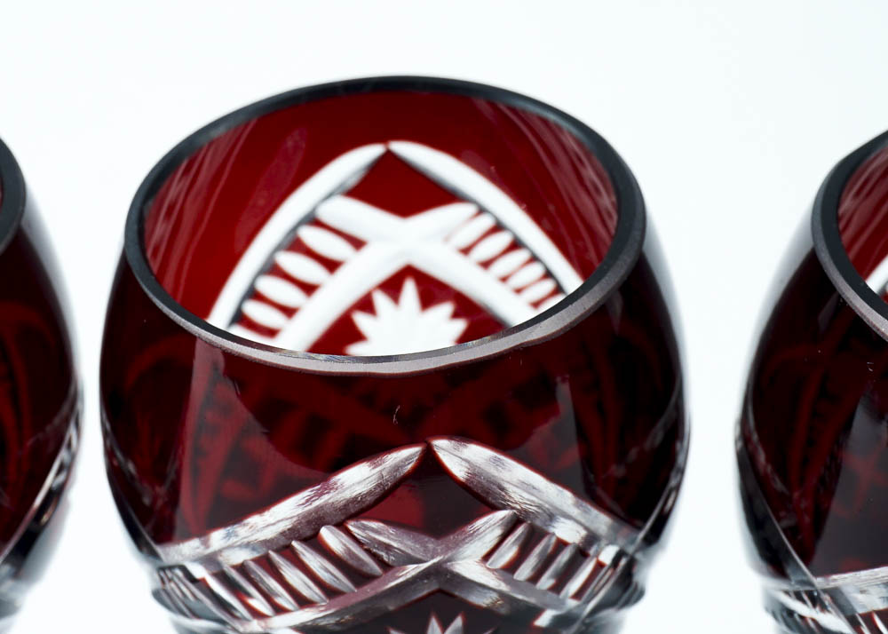 Vintage Ruby Red Cut-to-Clear Glas Decanter and Stemware