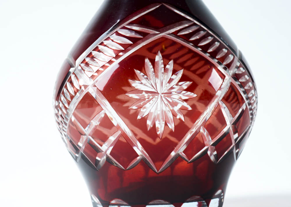 Vintage Ruby Red Cut-to-Clear Glas Decanter and Stemware