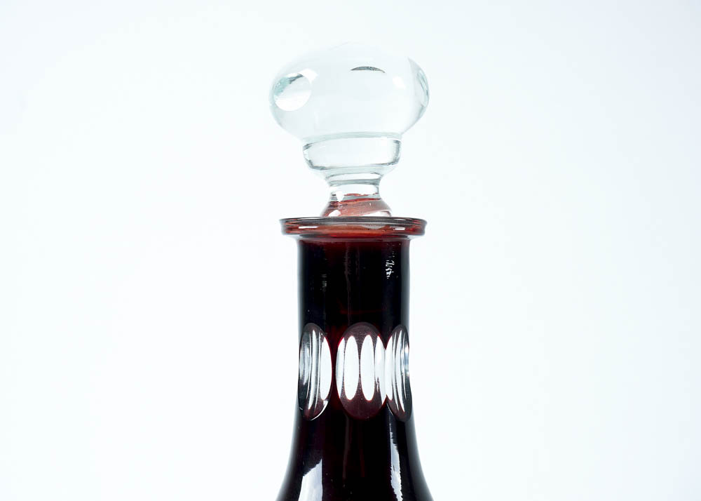 Vintage Ruby Red Cut-to-Clear Glas Decanter and Stemware