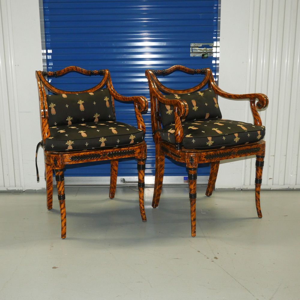 Pair of Ornate Wooden Chairs with Black Pineapple Print Upholstery