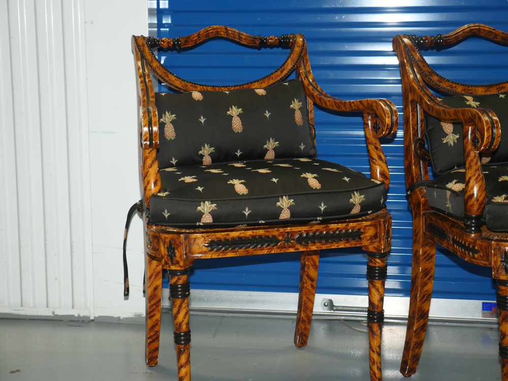 Pair of Ornate Wooden Chairs with Black Pineapple Print Upholstery