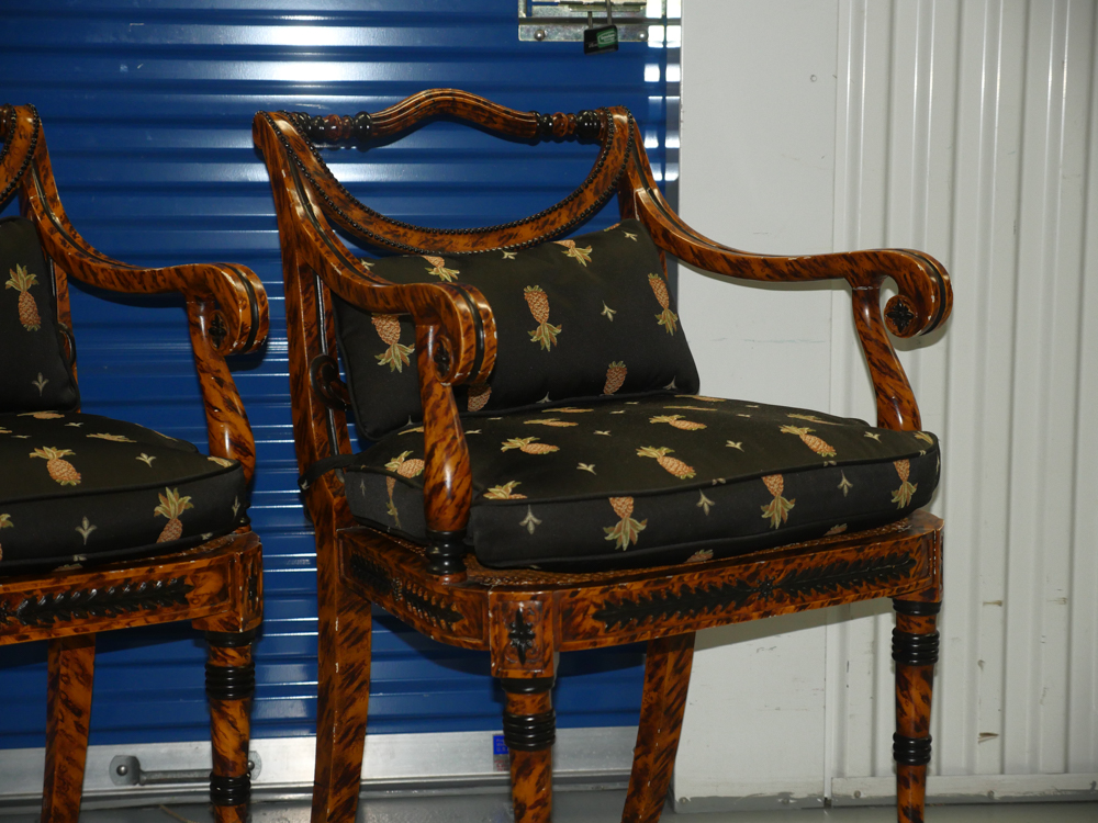 Pair of Ornate Wooden Chairs with Black Pineapple Print Upholstery