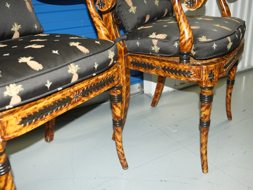 Pair of Ornate Wooden Chairs with Black Pineapple Print Upholstery