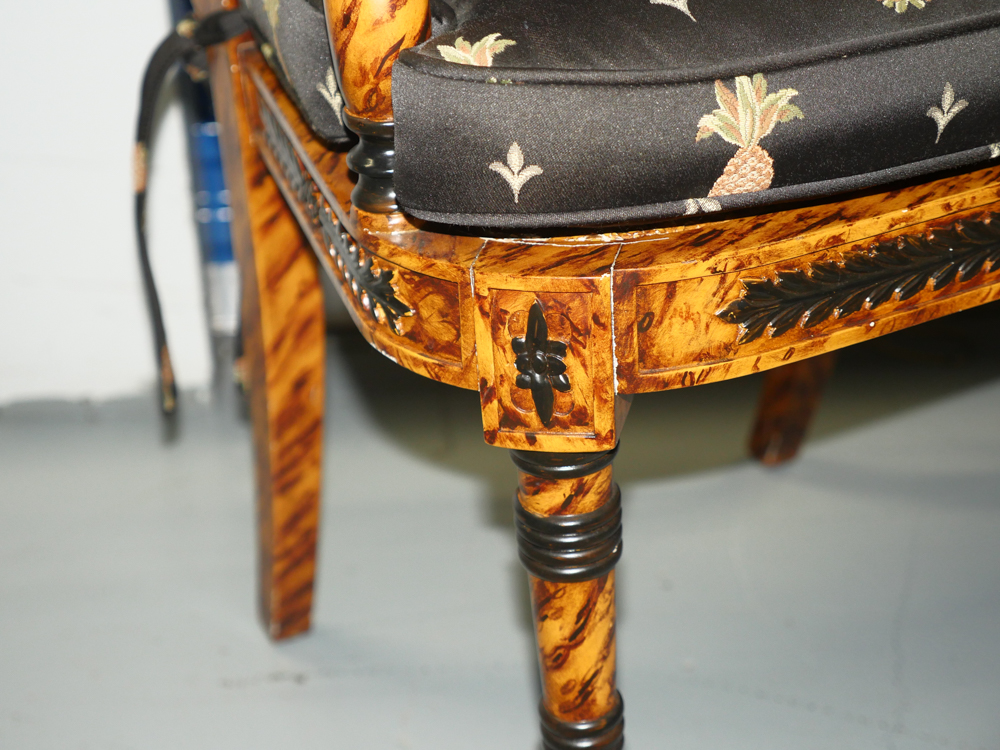 Pair of Ornate Wooden Chairs with Black Pineapple Print Upholstery