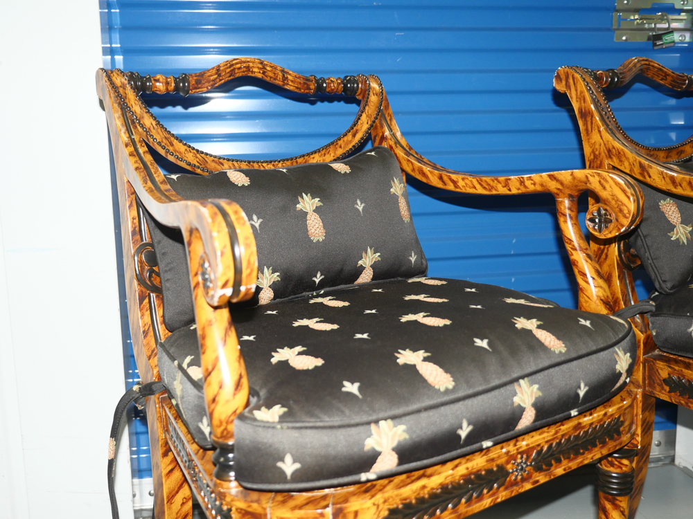 Pair of Ornate Wooden Chairs with Black Pineapple Print Upholstery