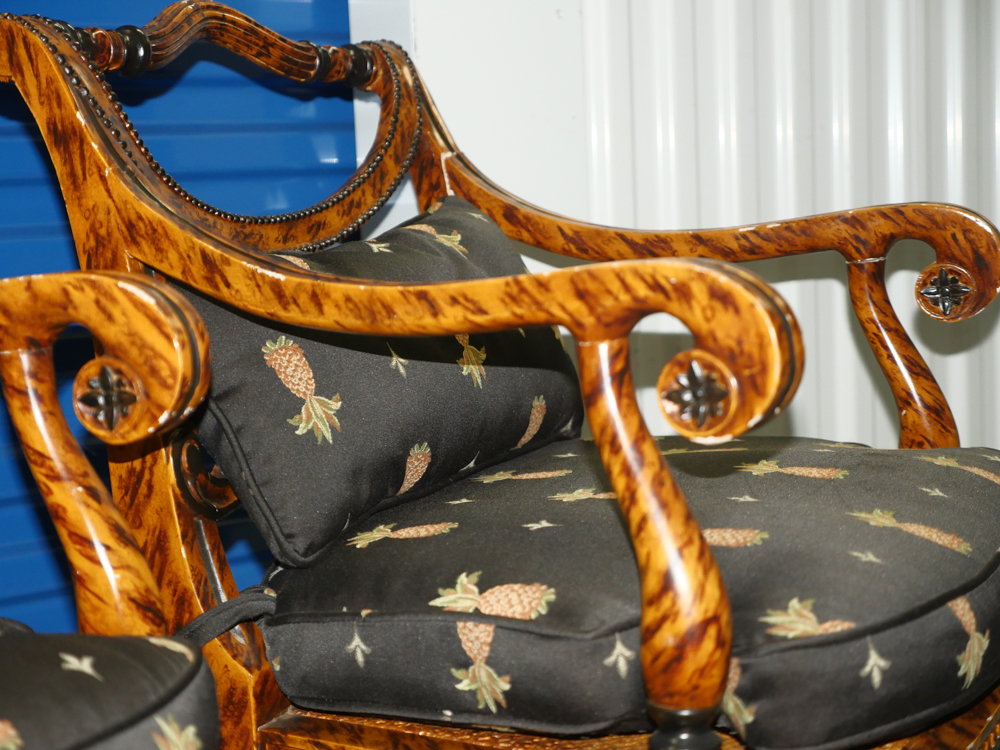 Pair of Ornate Wooden Chairs with Black Pineapple Print Upholstery