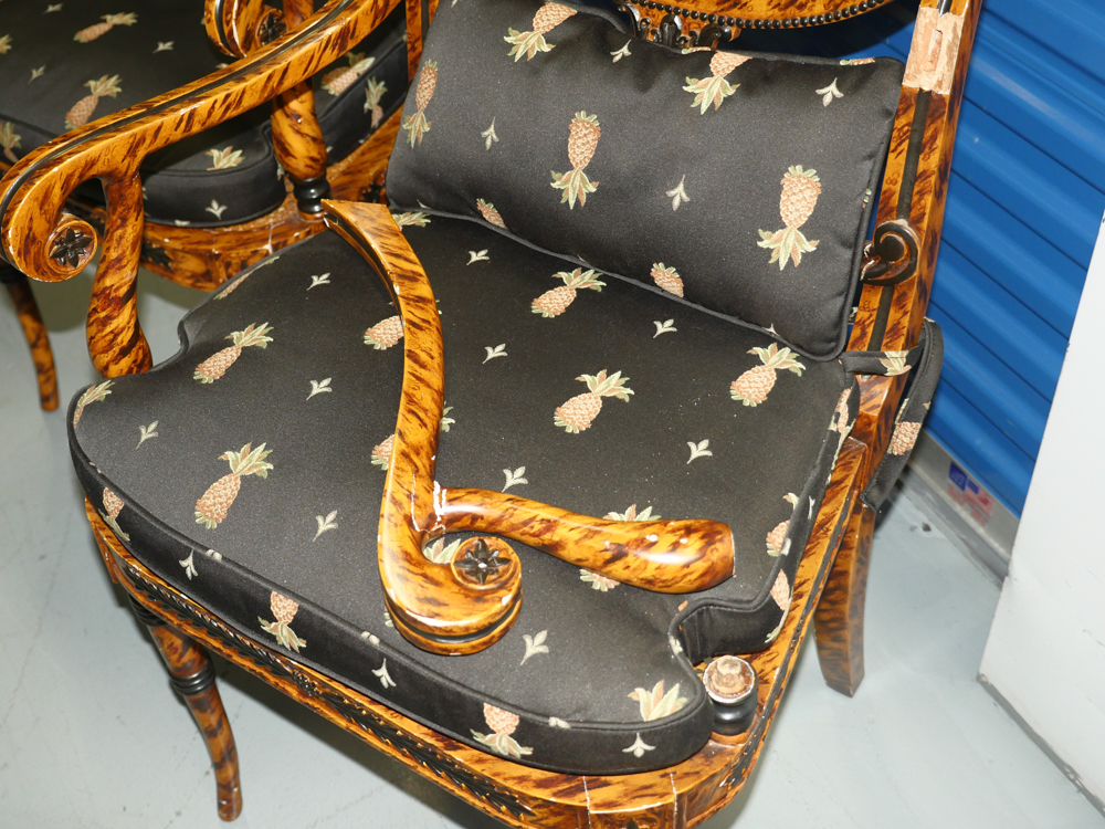 Pair of Ornate Wooden Chairs with Black Pineapple Print Upholstery