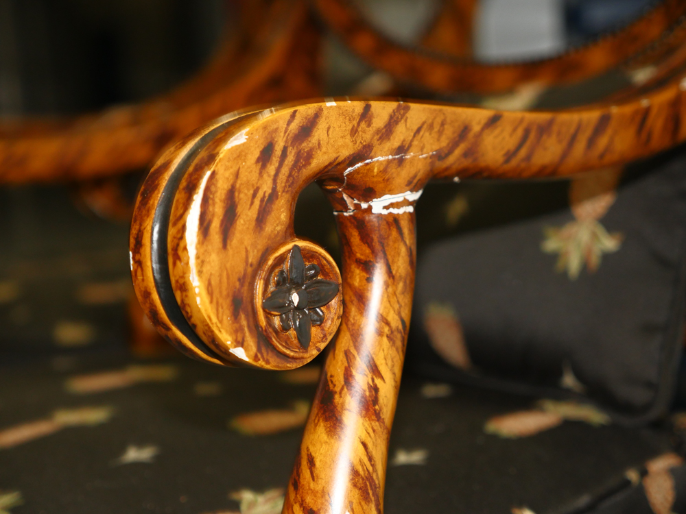 Pair of Ornate Wooden Chairs with Black Pineapple Print Upholstery