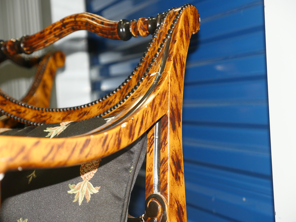 Pair of Ornate Wooden Chairs with Black Pineapple Print Upholstery