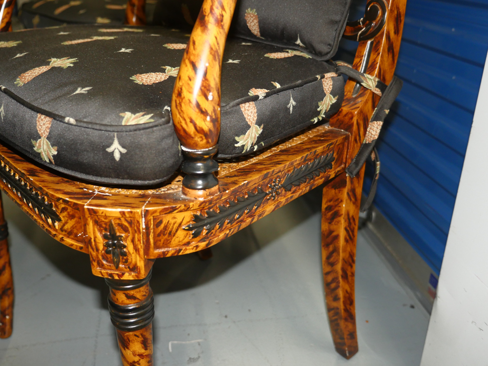 Pair of Ornate Wooden Chairs with Black Pineapple Print Upholstery
