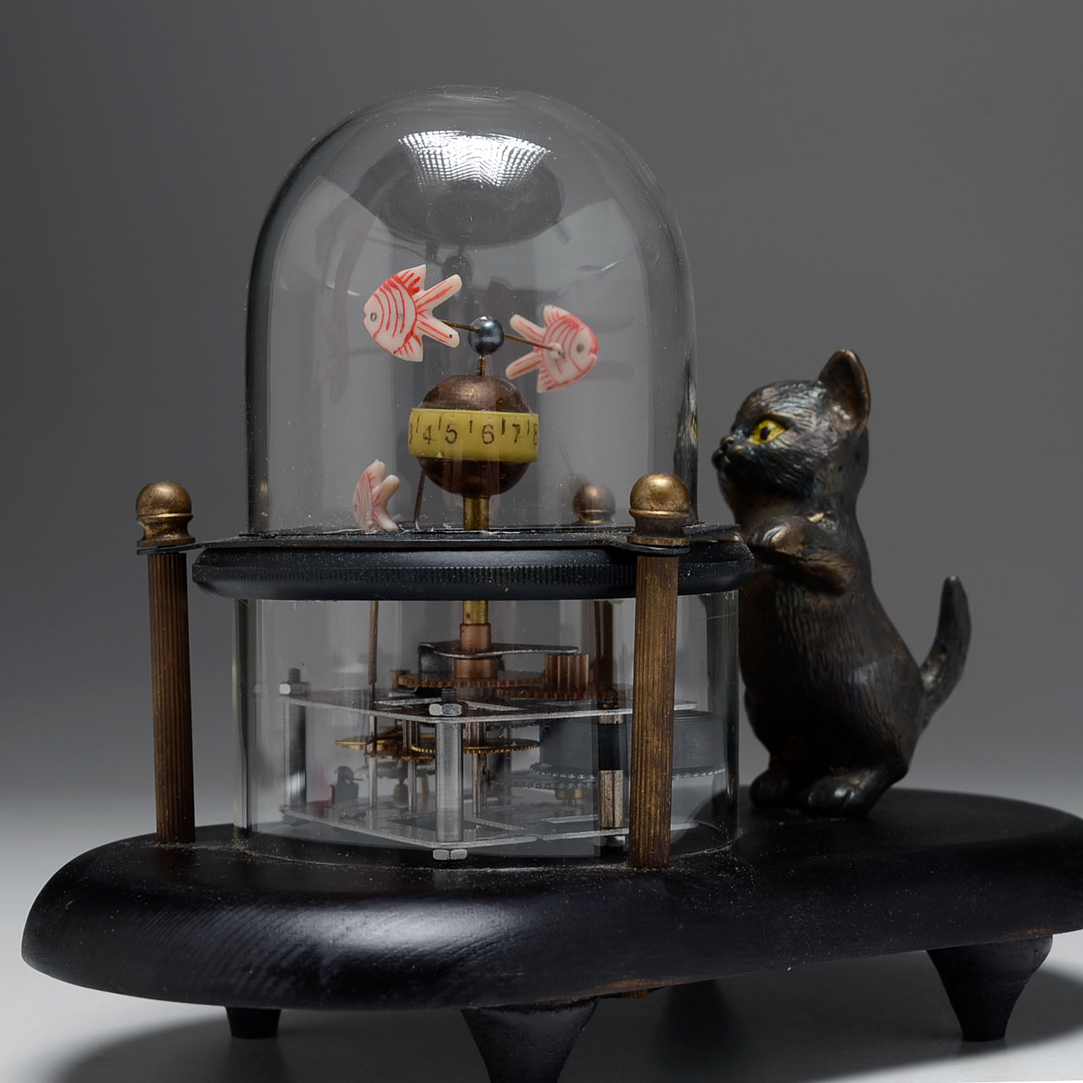 Asian Inspired Cat Watching Fish Mechanical Clock
